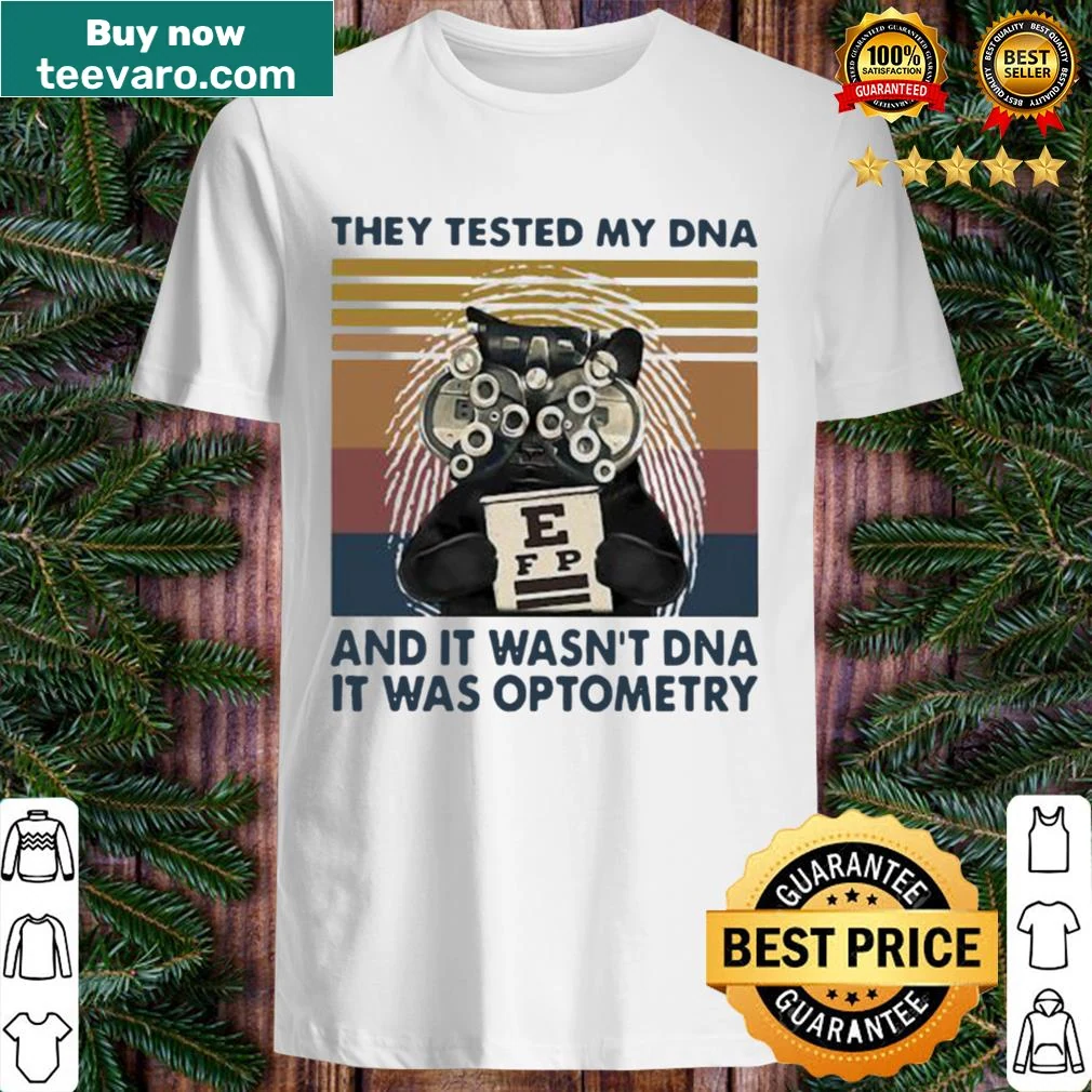 Vintage-style shirt with humorous text about black cats and optometry.