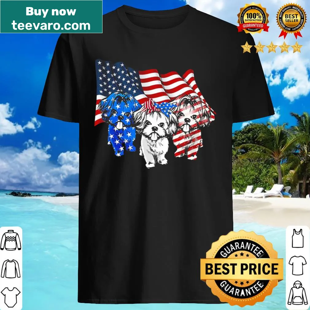 Shirt featuring three Shih Tzus with an American flag illustration