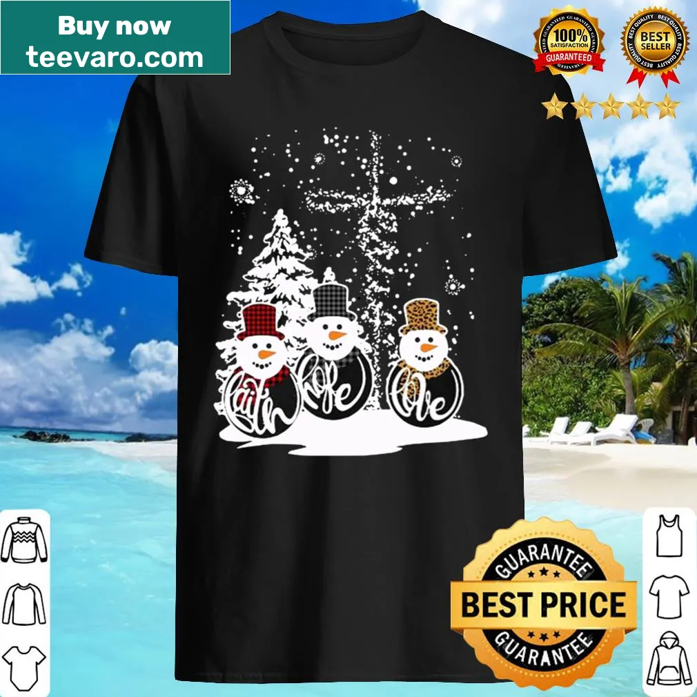 Cute shirt featuring three cheerful snowmen and 'Merry Christmas' text.