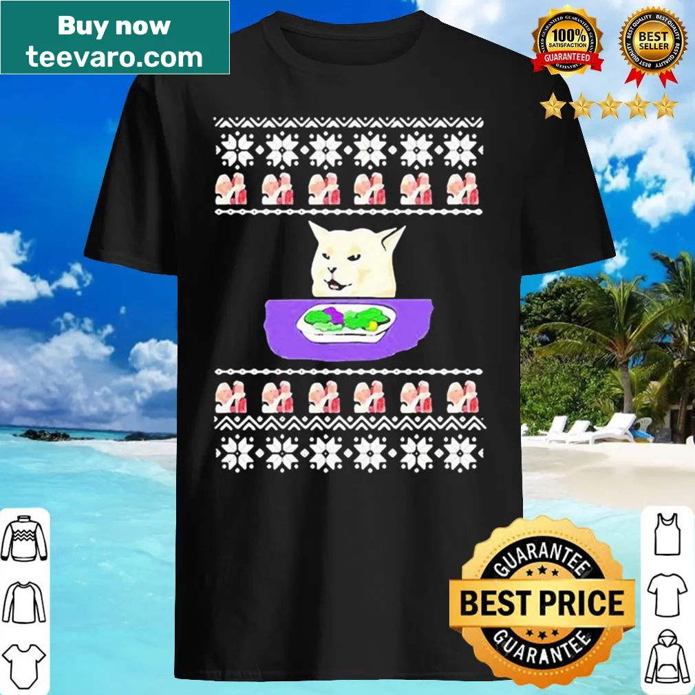 Funny Christmas shirt with yelling woman and cat meme