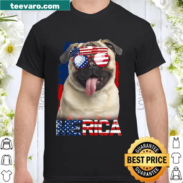 Illustrative shirt featuring pugs with the American flag for July 4th