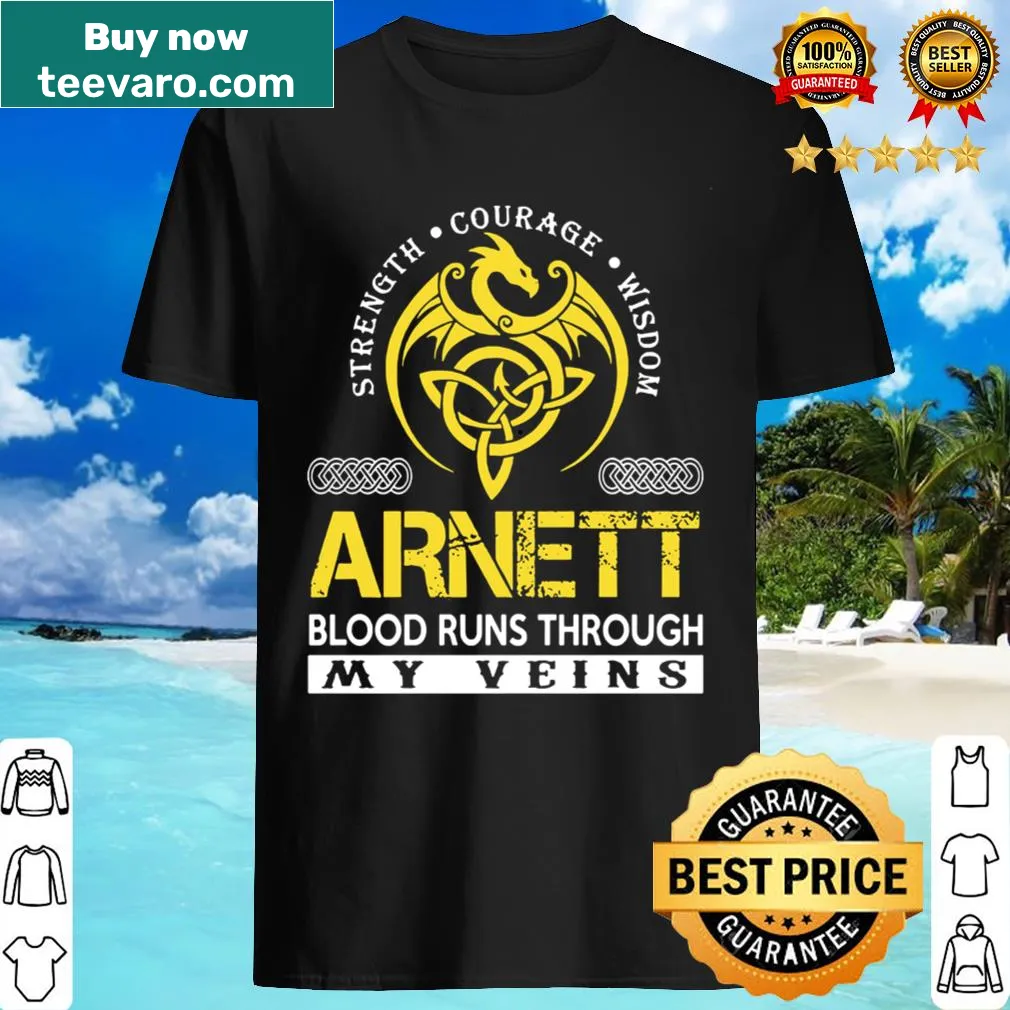Shirt displaying 'ARNETT Blood Runs Through My Veins' in bold text