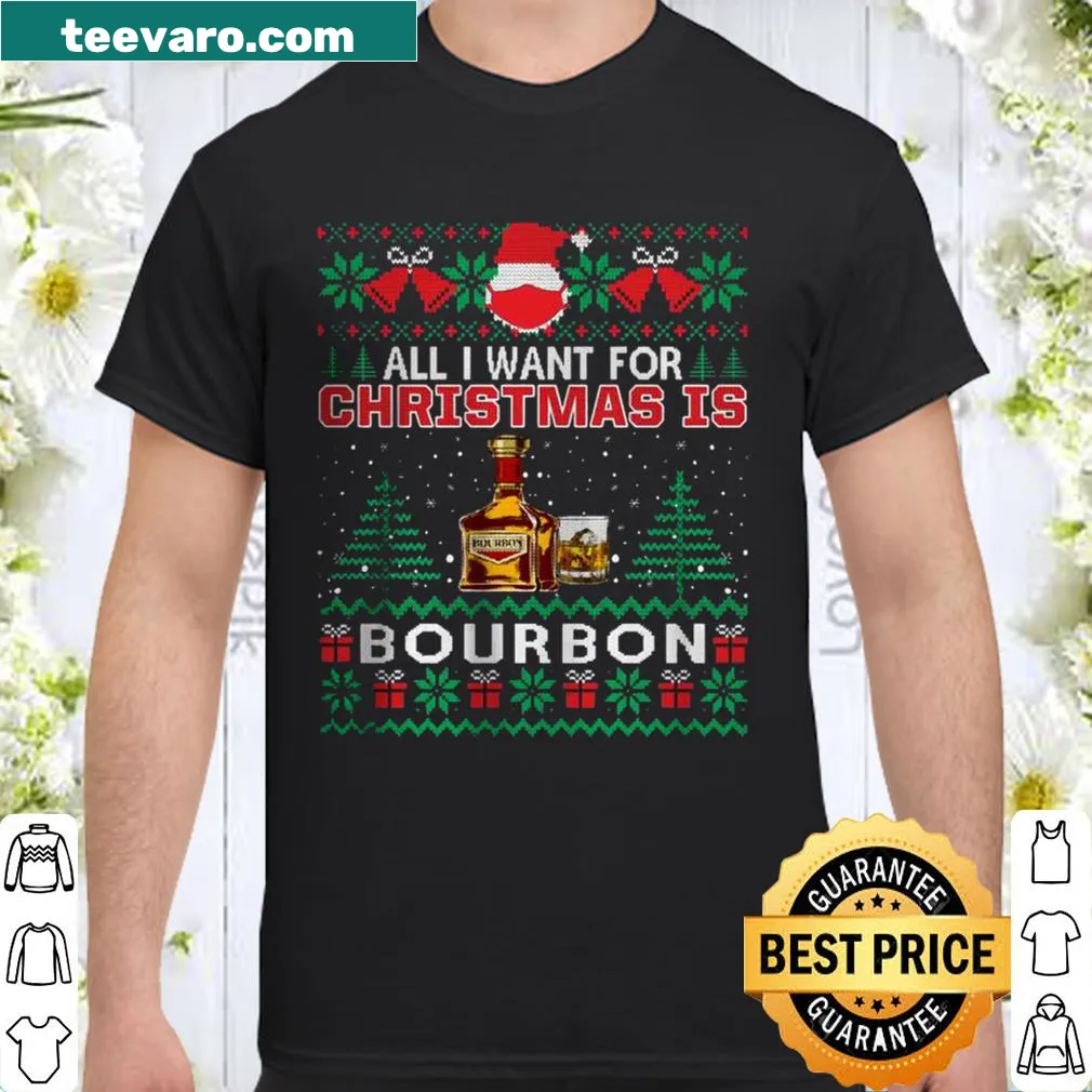 Playful shirt featuring the phrase 'All I Want For Christmas Is Bourbon'.