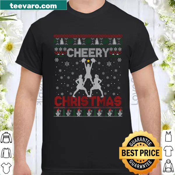 Funny cheerleader graphic on a Christmas-themed shirt for parties.