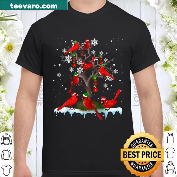 A cheerful cardinal on a tree with a funny Santa elf theme.