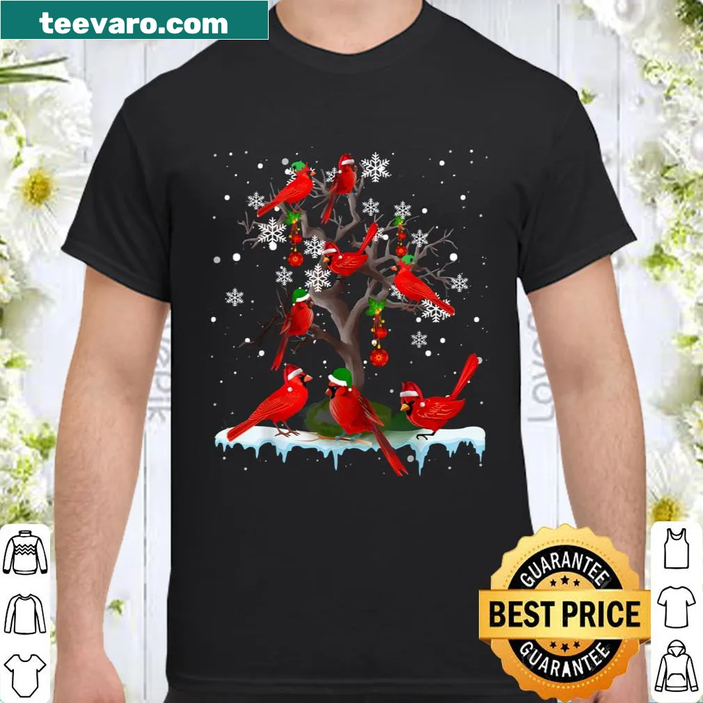 A cheerful cardinal on a tree with a funny Santa elf theme.