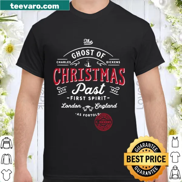 Whimsical Ghost of Christmas Past graphic on festive shirt