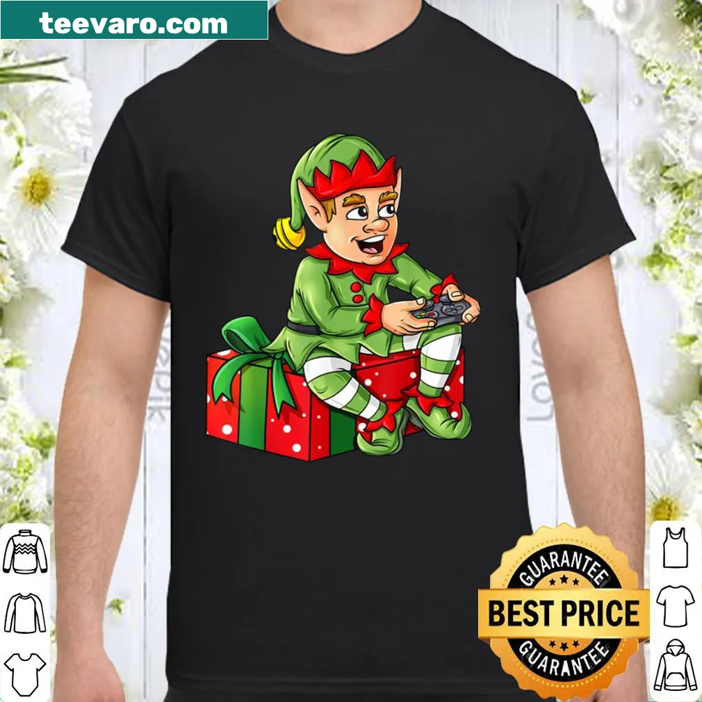Christmas elf holding video game controller graphic for kids' shirt