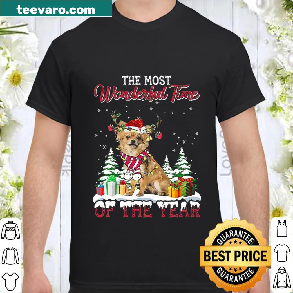 Festive shirt featuring a long-haired Chihuahua and Christmas design