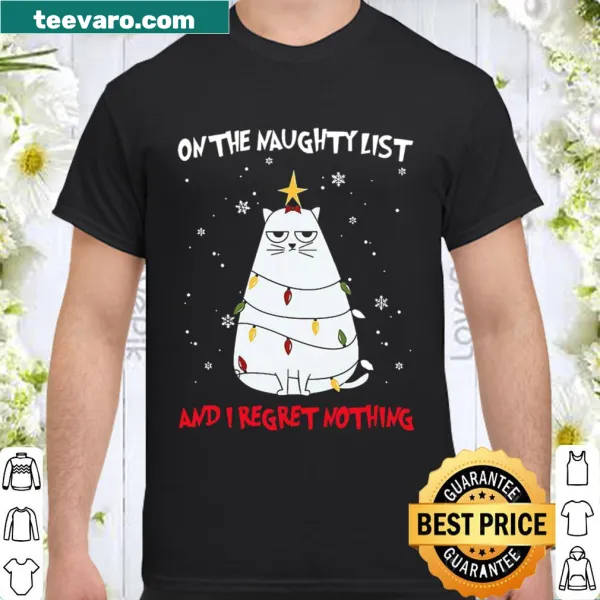 Playful cat on a Christmas tree with funny holiday text