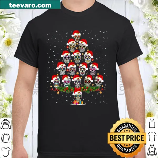 Illustration of a Christmas tree with Mexican flower sugar skulls