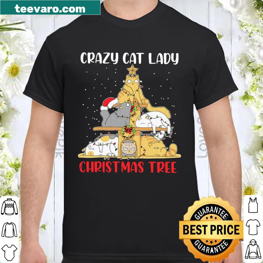Shirt with a Christmas tree design featuring cats