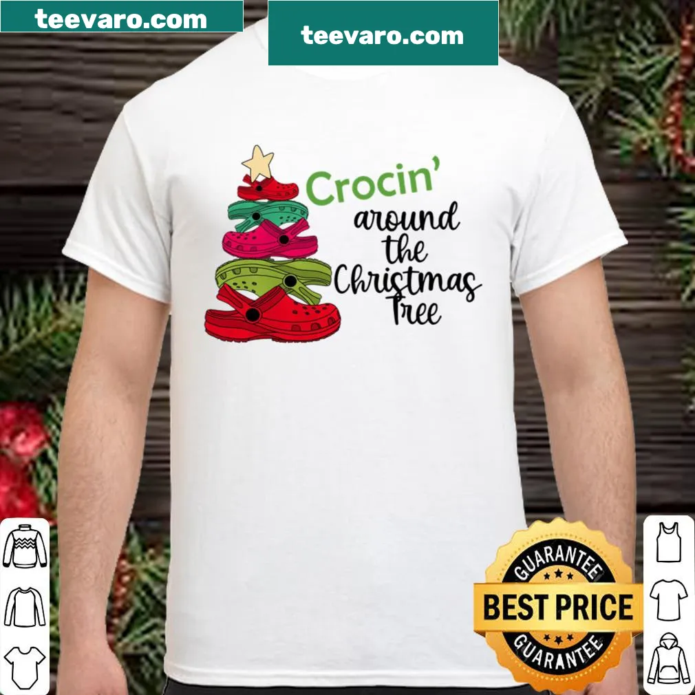 Whimsical Christmas shirt with Crocs and a Christmas tree illustration