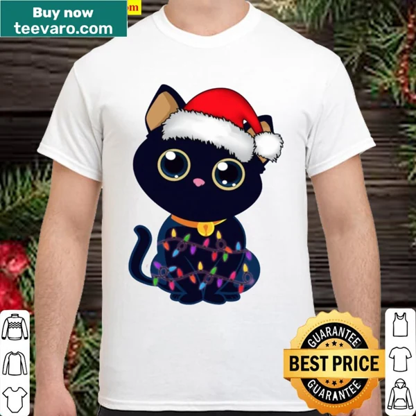 Cute black cat tangled in Christmas lights for a festive holiday shirt