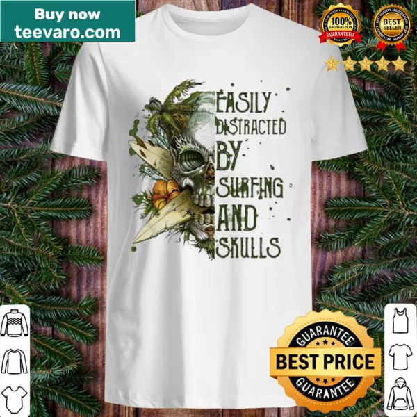 Cartoon shirt featuring surfing and skull graphics