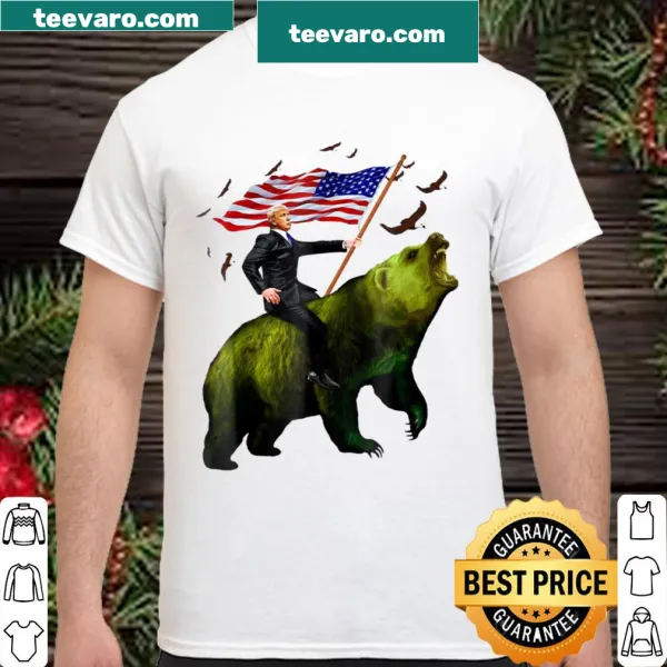 Shirt with Trump riding a bear and USA flag graphic