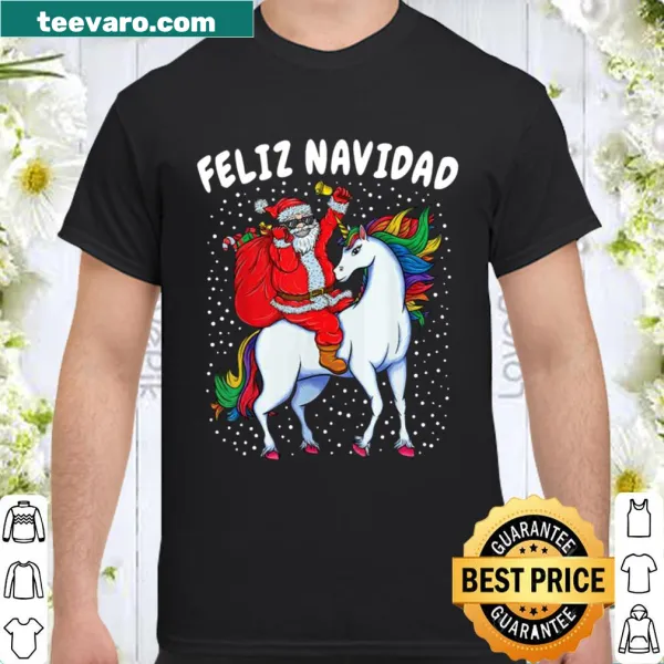 Whimsical Santa riding a unicorn for Christmas shirt.