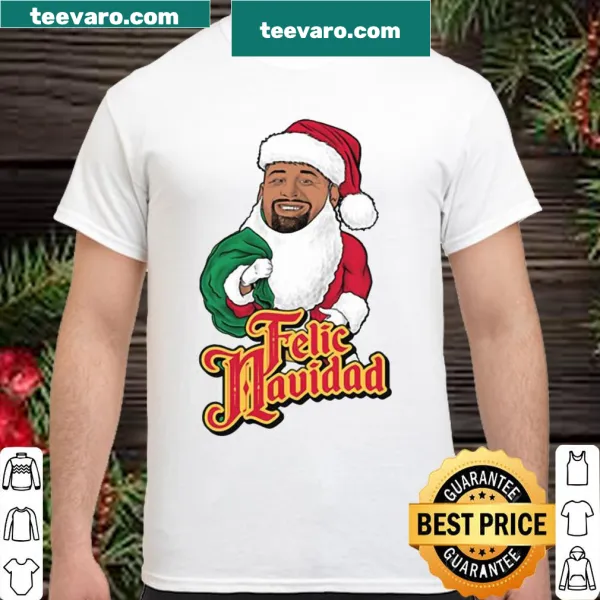 Festive shirt featuring Feliz Navidad and a friendly Santa graphic.