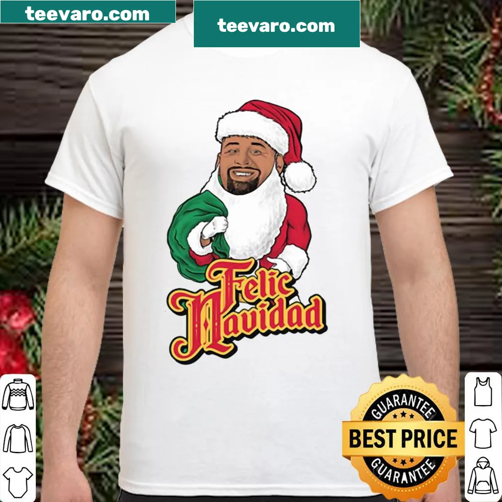 Festive shirt featuring Feliz Navidad and a friendly Santa graphic.