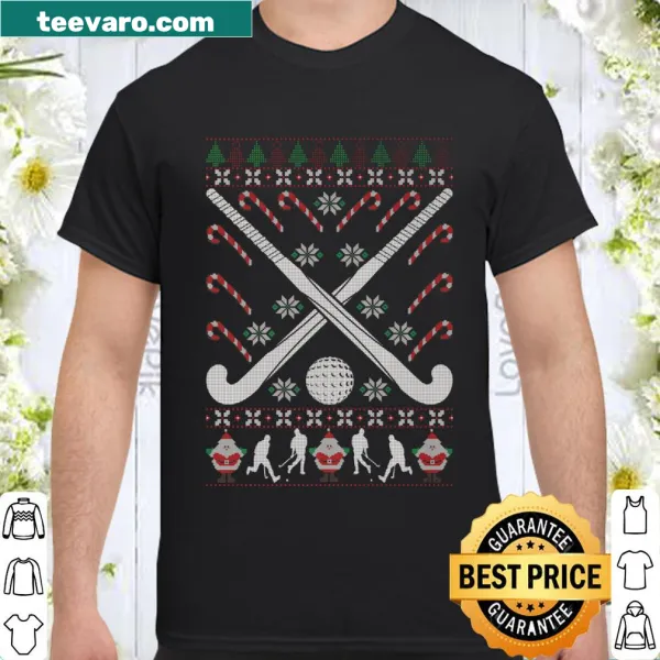 Vintage-style field hockey graphic on a Christmas-themed shirt
