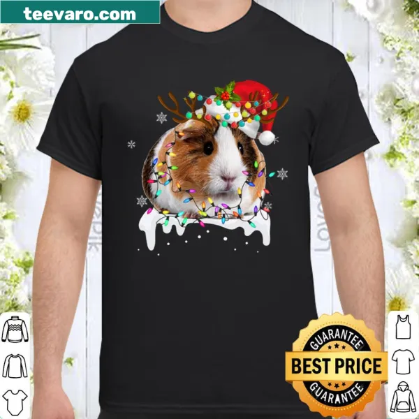 Cute guinea pig surrounded by Christmas lights on a festive shirt