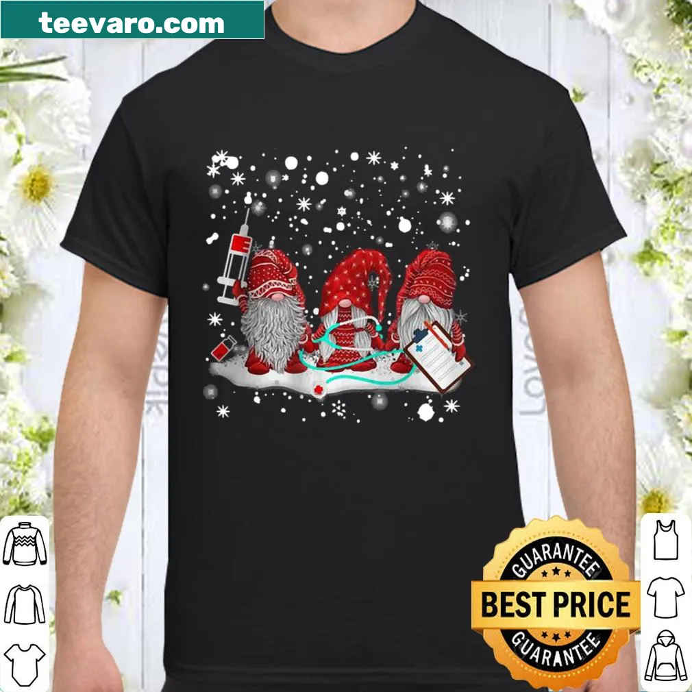 Nurse gnomes in Santa hats on a Christmas shirt for nursing lovers.
