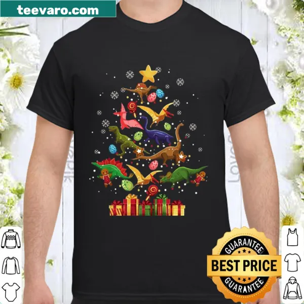 Dinosaur dressed as a Christmas tree in a playful design