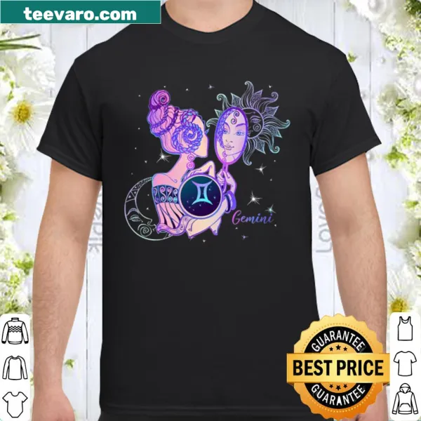 Gemini zodiac-themed t-shirt with celestial graphics and typography