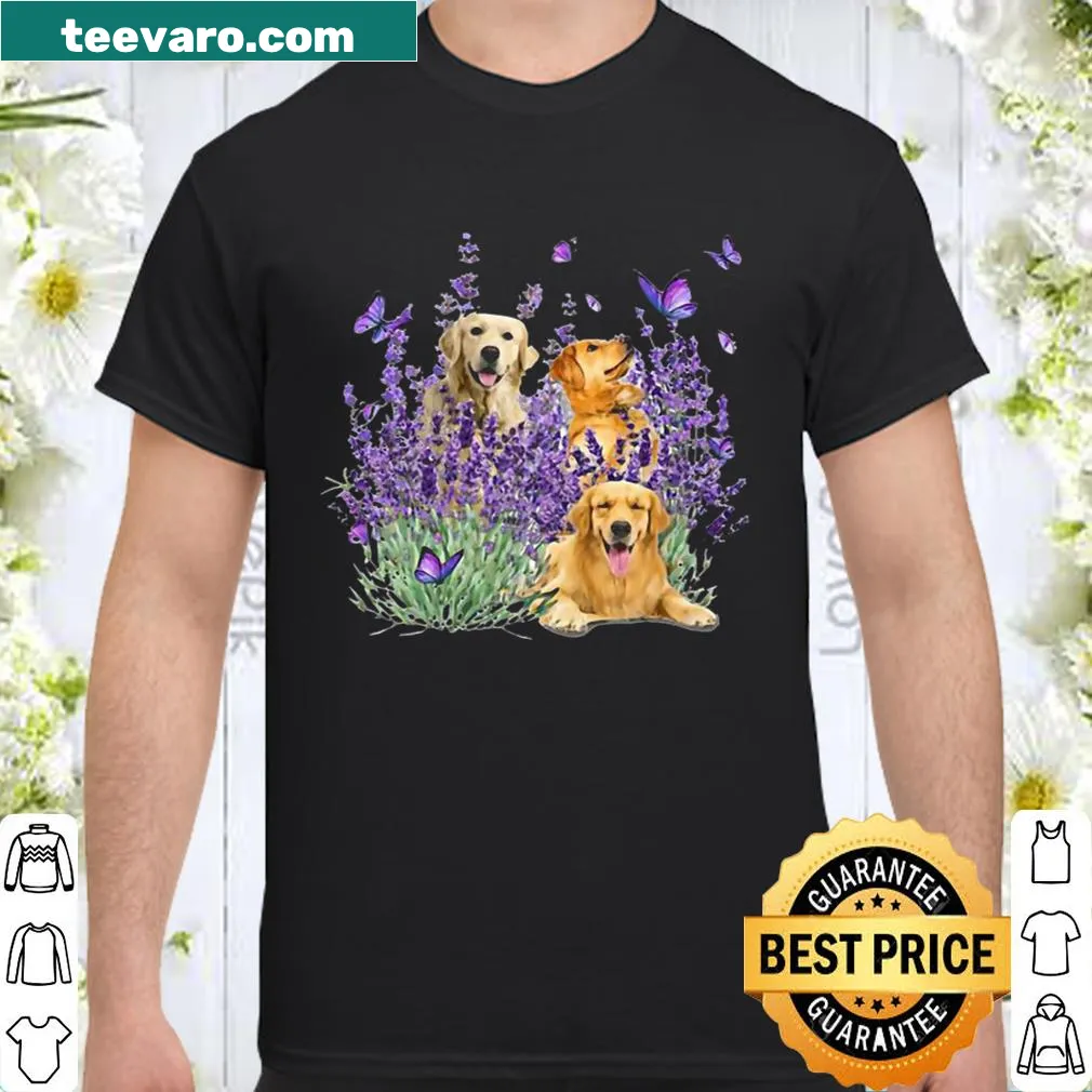 Golden retriever with butterflies and flowers illustration on a shirt