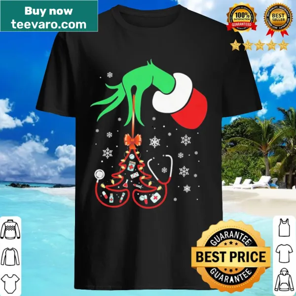 Nurse Christmas shirt with Grinch's hand holding a pine branch