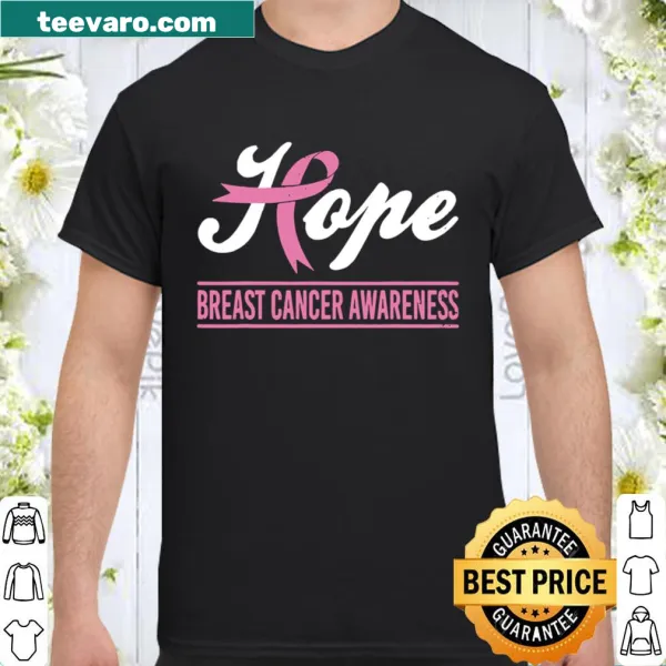 Supportive shirt with pink ribbon and the word 'Hope' for breast cancer awareness.