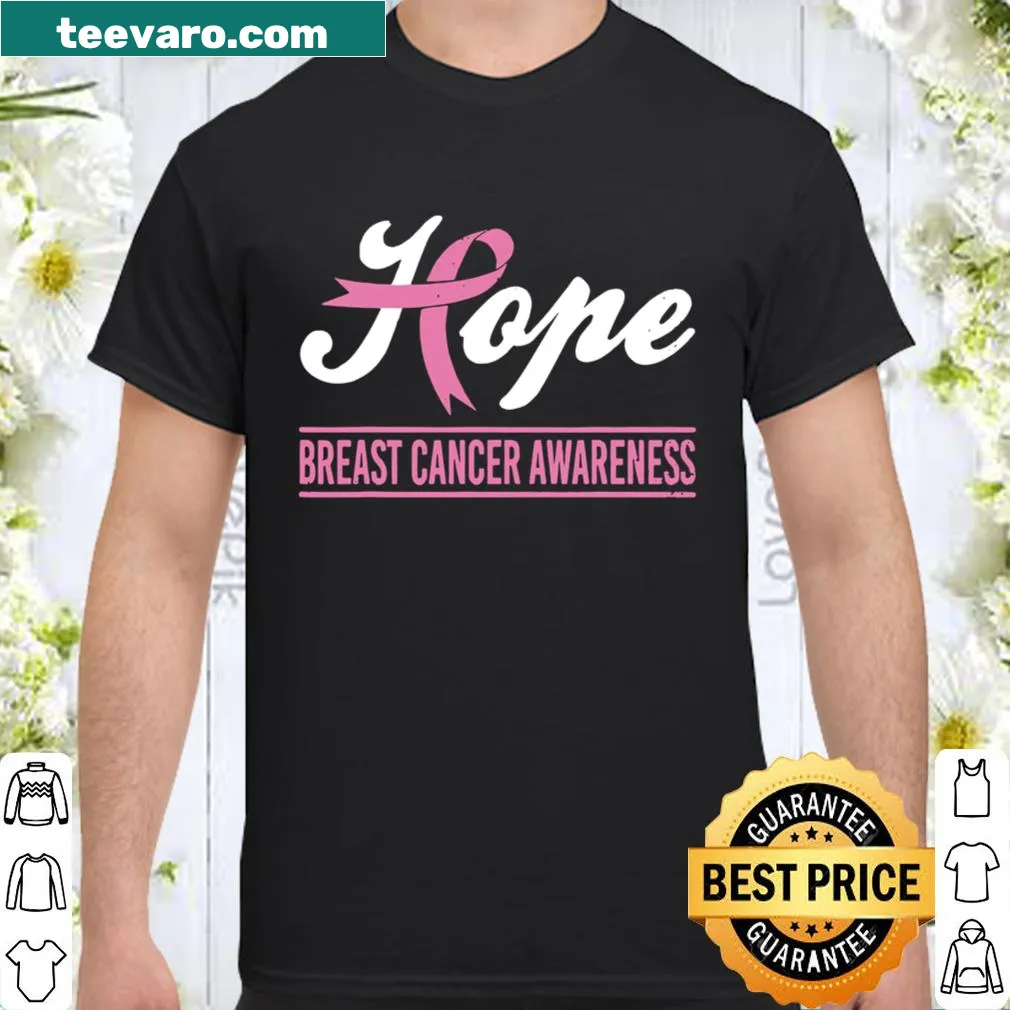 Supportive shirt with pink ribbon and the word 'Hope' for breast cancer awareness.
