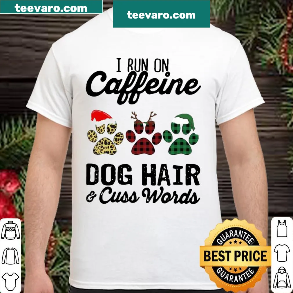 Funny dog owner shirt with humorous text about caffeine and dog hair