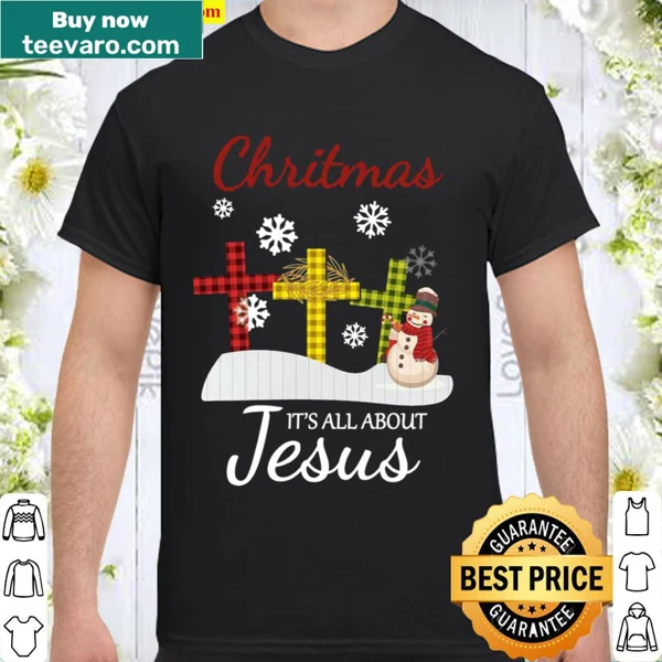 Christmas t-shirt with snowman, plaid scarf, and cross illustration.