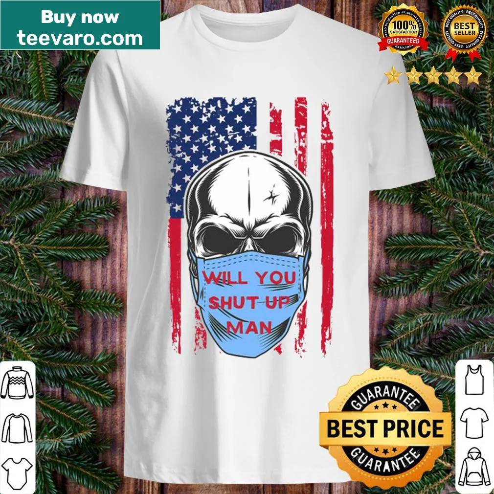 Halloween-themed shirt with skull and political humor featuring American flag.