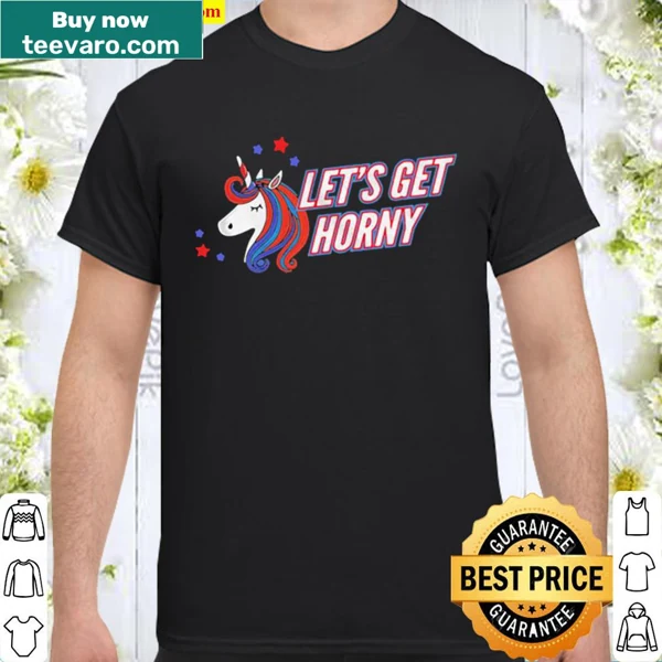 Cartoon unicorn graphic with stars on Let's Get Horny shirt