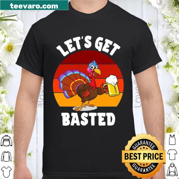 Vintage distressed shirt saying 'Lets Get Basted' with turkey and beer theme