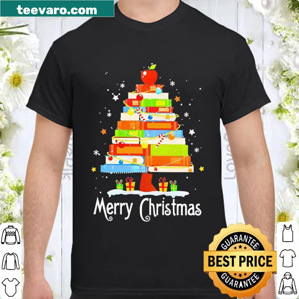 Merry Christmas shirt featuring books and holiday motifs.
