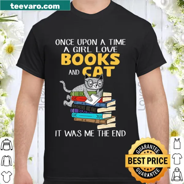 Graphic t-shirt featuring whimsical text about a girl, books, and a cat