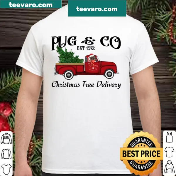 Vintage-style Christmas shirt featuring Pugs delivering a Christmas tree