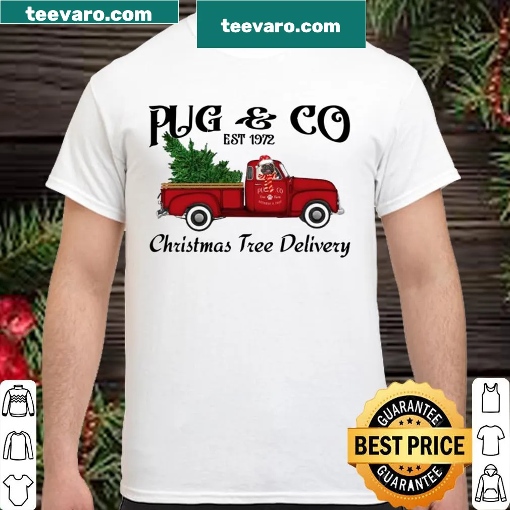Vintage-style Christmas shirt featuring Pugs delivering a Christmas tree