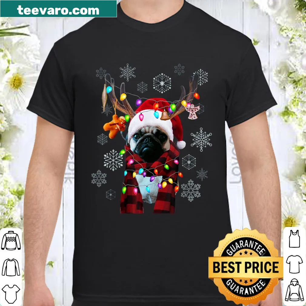 Funny Christmas shirt featuring a festive pug illustration