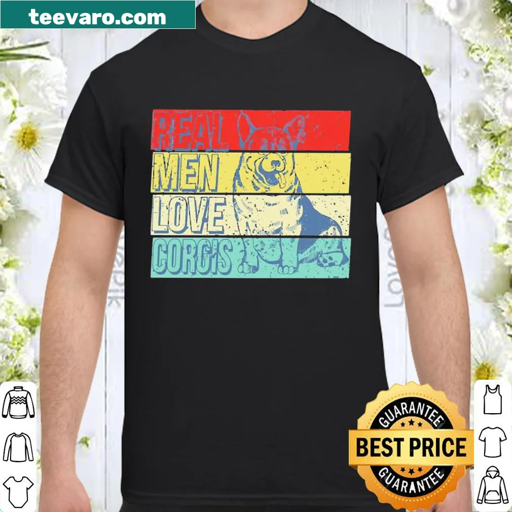 Vintage-style shirt with the phrase 'Real men love Corgis' in playful font
