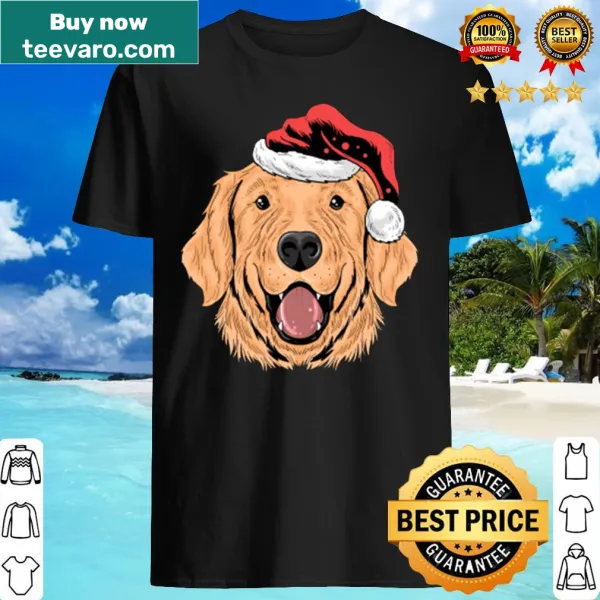 Funny Christmas shirt featuring a golden retriever puppy dressed as Santa