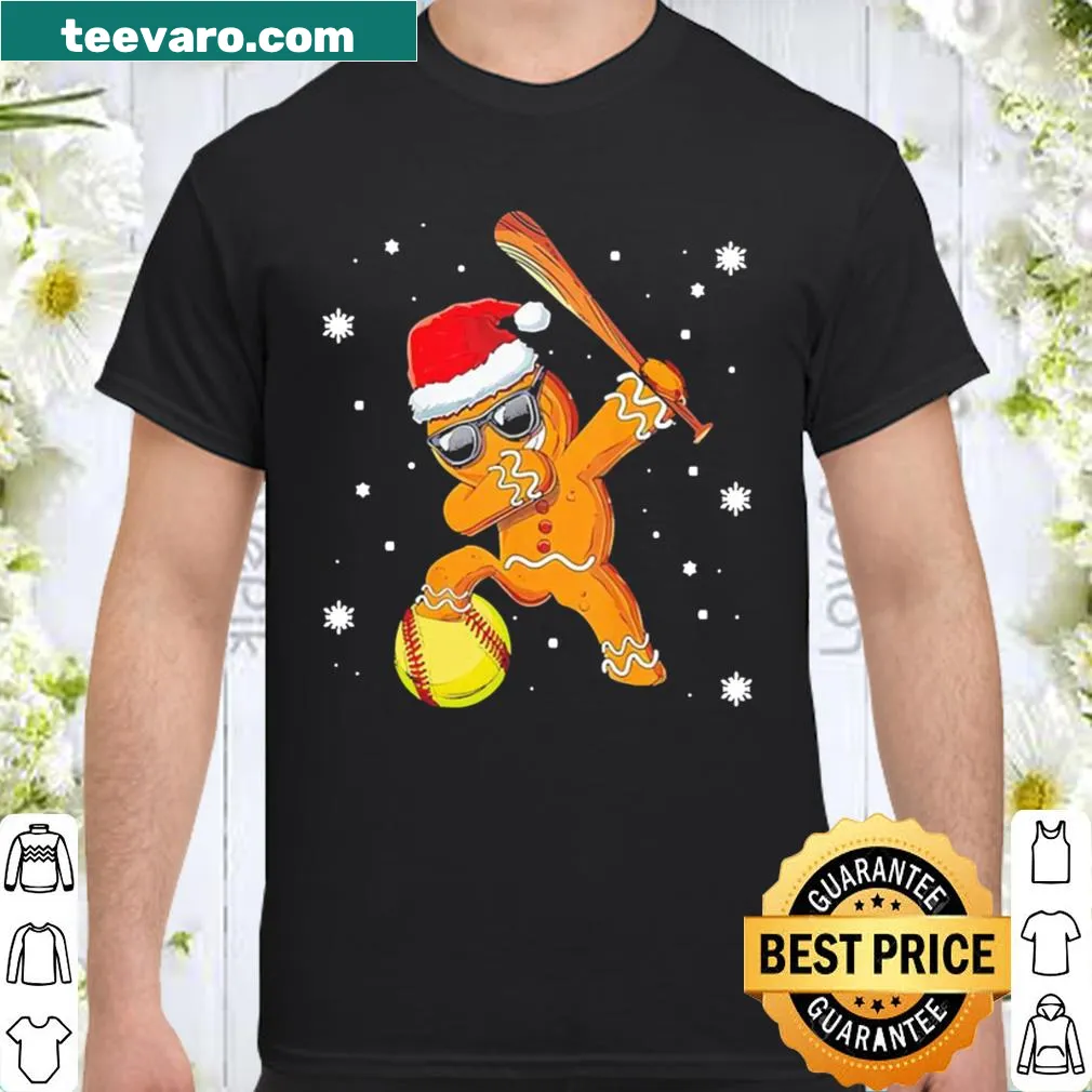 Fun Christmas shirt featuring dabbing Santa with a softball theme.