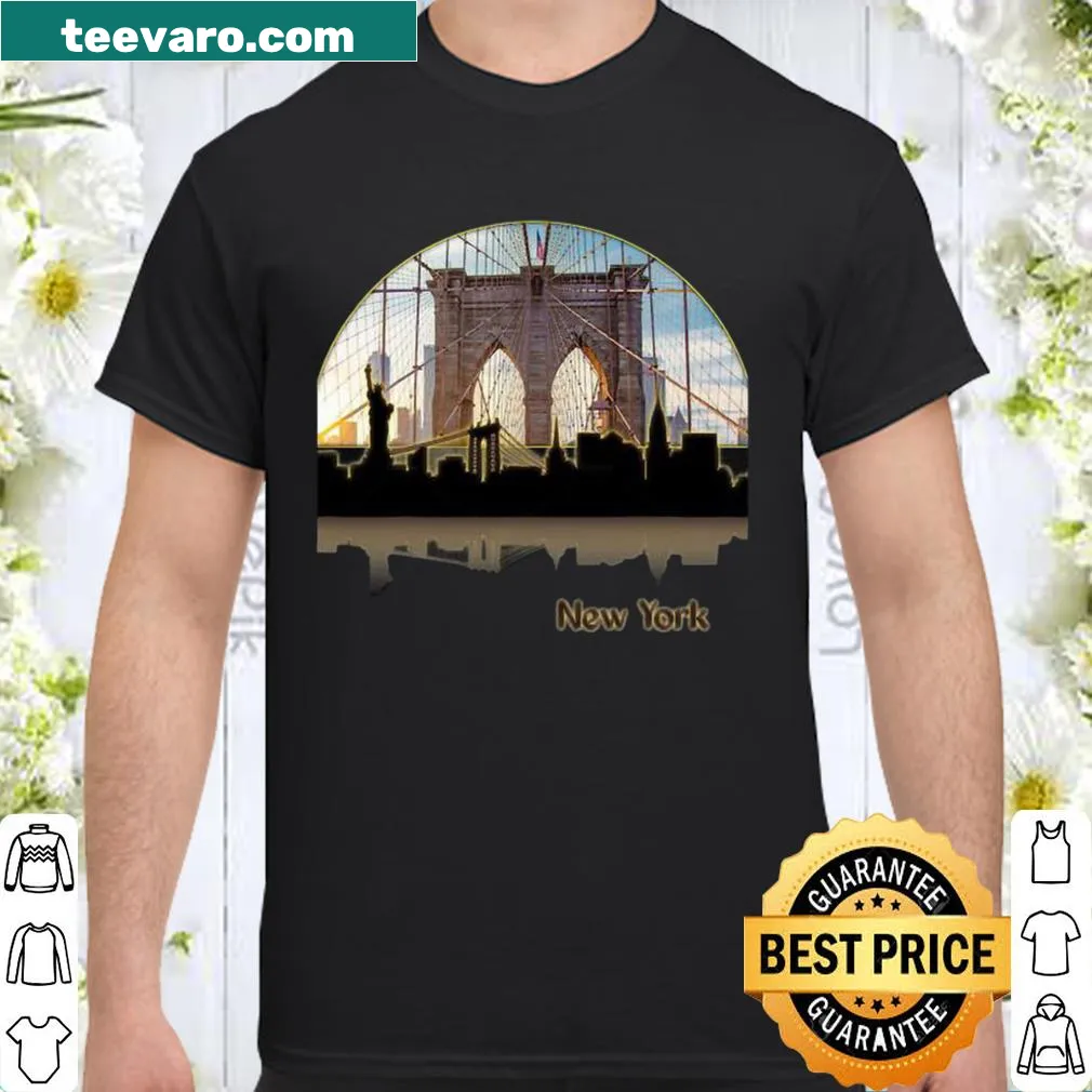 Vintage-style T-shirt featuring NYC silhouette in a sunset circle