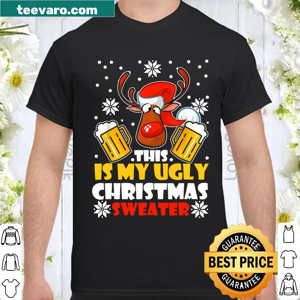 Text and reindeer graphic on an ugly Christmas sweater t-shirt.