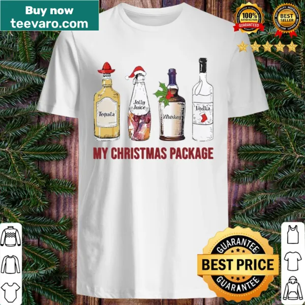 Playful Christmas shirt featuring spirits like tequila and whiskey