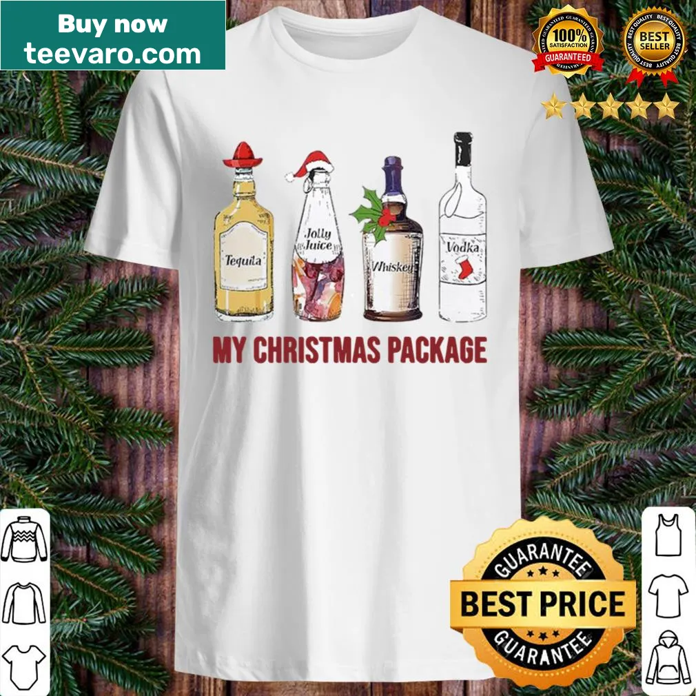 Playful Christmas shirt featuring spirits like tequila and whiskey