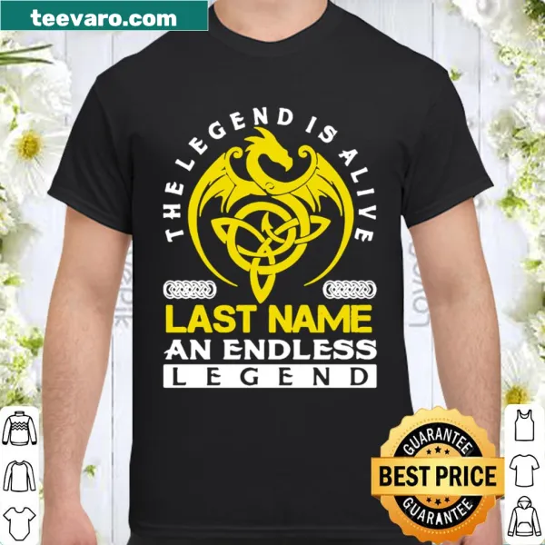 Vintage-style shirt with the phrase 'The Legend Is Alive' and customizable last name